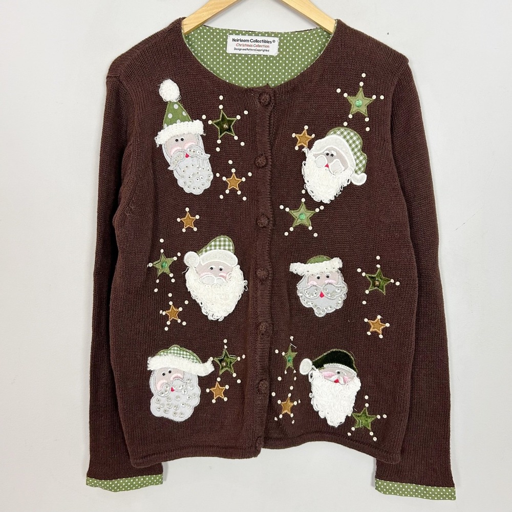 Heirloom Collectibles Brown Christmas Cardigan Sweater Brown Santa Size Medium
